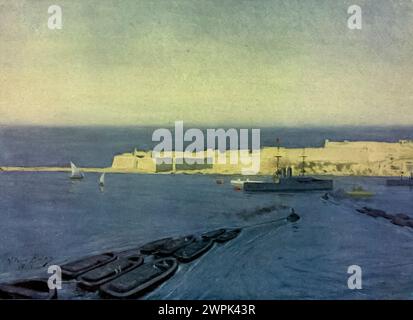 Fort Ricasoli, Valletta Malta garding, avec Fort préparés Elmo, l'entrée du Grand Port de la Valette, et appelé, comme tant d'autres fortifications, d'après un chevalier de l'ordre des préparés John, aux frais duquel il a été construit. Peinture de Vittorio Boron. Vittorio Boron est né à Turin en 1859. Fils d'un juge et d'un avocat de profession, il n'a jamais travaillé comme avocat. Au lieu de cela, il voyageait et passait son temps à écrire et à peindre. Un certain nombre de ses peintures de Malte ont été utilisées pour illustrer le premier livre de Frederick W. Ryan 'Malta - Painted by Vittorio Boron - décrit par Frederick W. Ry Banque D'Images