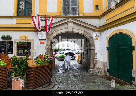 VIENNE, AUTRICHE - 22 MAI 2019 : entrée voûtée de la cour de l'ancien monastère de la Sainte-Croix (Heiligenkreuzerhof) dans le C intérieur Banque D'Images