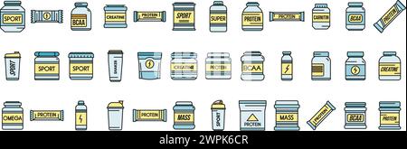 Les icônes de nutrition sportive définissent le vecteur de contour. Énergie alimentaire. Lignée colorée protéique saine isolée Illustration de Vecteur