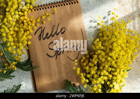 Hello Spring note avec des fleurs de mimosa brillantes Banque D'Images