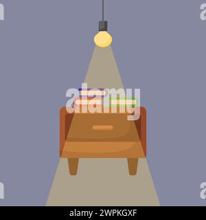 La lampe au-dessus de la table de chevet. Lumière dans la pièce. Livres sur la table de nuit. Icône de concept d'armoire illuminée. Illustration vectorielle intérieure de la maison. Illustration de Vecteur