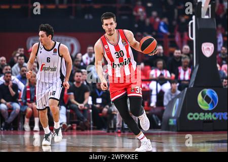 Pirée, Lombardie, Grèce. 7 mars 2024. 30 FILIP PETRUSEV de l'Olympiacos Piraeus joue lors de l'Euroleague, Round 28, match entre l'Olympiacos Piraeus et Virtus Segafredo Bologna au Peace & Friendship Stadium le 7 mars 2024, au Pirée, en Grèce. (Crédit image : © Stefanos Kyriazis/ZUMA Press Wire) USAGE ÉDITORIAL SEULEMENT! Non destiné à UN USAGE commercial ! Banque D'Images