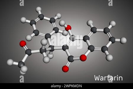 Molécule médicamenteuse à base de warfarine. La warfarine est un anticoagulant, utilisé pour prévenir la formation de caillots sanguins. Modèle moléculaire. Rendu 3D. Illustration Banque D'Images