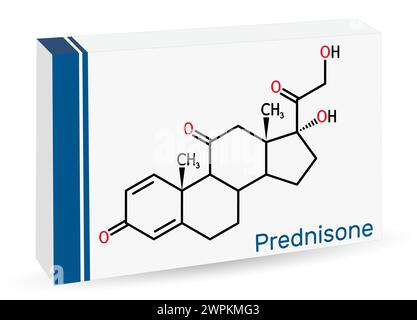 Molécule de prednisone. Glucocorticoïde anti-inflammatoire synthétique dérivé de la cortisone. Formule chimique squelettique. Emballage en papier pour médicaments. Vecteur i Illustration de Vecteur