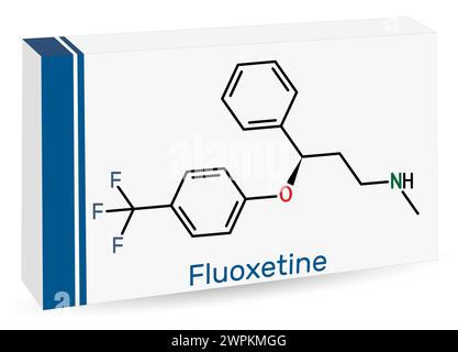 Molécule de fluoxétine, est antidépresseur de l'inhibiteur sélectif de recapture de sérotonine SSRI. Formule chimique squelettique. Emballage en papier pour médicaments. Vecto Illustration de Vecteur