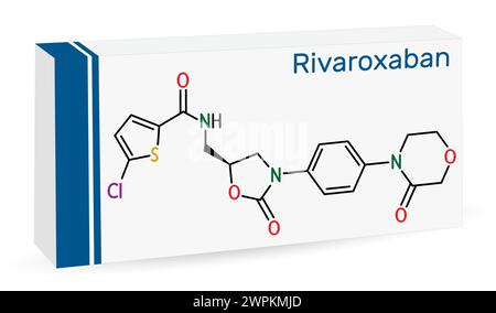 Molécule de rivaroxaban. C'est un anticoagulant et l'inhibiteur direct du facteur Xa actif par voie orale. Formule chimique squelettique. Emballage en papier pour médicaments. V Illustration de Vecteur