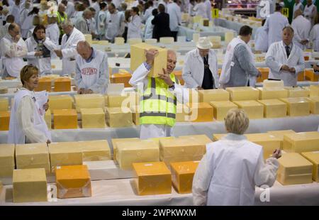 28/07/15 les juges recherchent le fromage gagnant parmi les 4592 participations aux International Cheese Awards, au Nantwich Show dans le Cheshire aujourd'hui. Toutes les plates-formes Banque D'Images