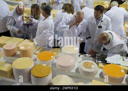 28/07/15 les juges recherchent le fromage gagnant parmi les 4592 participations aux International Cheese Awards, au Nantwich Show dans le Cheshire aujourd'hui. Toutes les plates-formes Banque D'Images