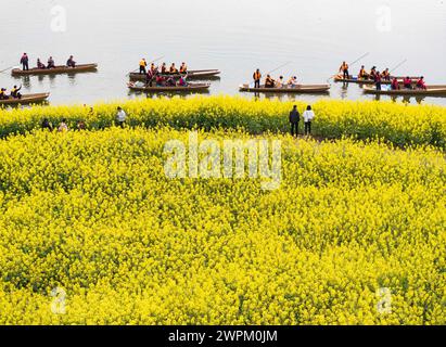 Chengdu. 7 mars 2024. Une photo de drone aérien prise le 7 mars 2024 montre des touristes admirant la vue des fleurs de colza dans le village de Lianghe, ville de Qionglai, Chengdu, province du Sichuan, au sud-ouest de la Chine. Crédit : Jiang Hongjing/Xinhua/Alamy Live News Banque D'Images