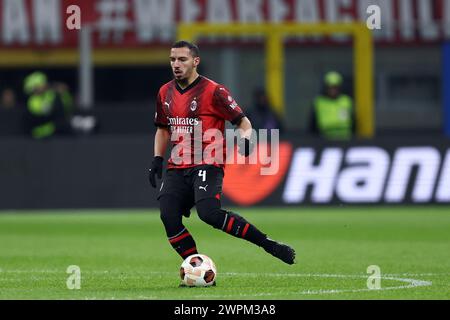 Milan, Italie. 07 mars 2024. Ismael Bennacer de l'AC Milan en action lors de la manche 16 de l'UEFA Europa League entre l'AC Milan et le SK Slavia Praha au Stadio Giuseppe Meazza le 7 mars 2024 à Milan, Italie . Crédit : Marco Canoniero/Alamy Live News Banque D'Images