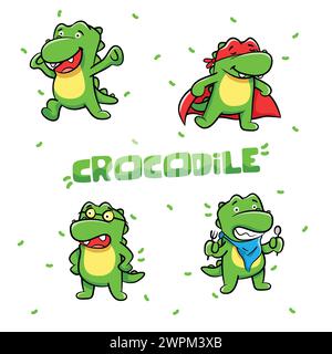 Ensemble de vecteurs de dessin animé Cute Crocodile. Personnage de dessin animé de crocodile vert Illustration de Vecteur