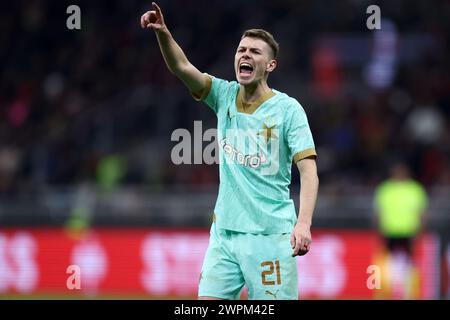 Milan, Italie. 07 mars 2024. David Doudera de SK Slavia Praha fait des gestes lors de la manche de l'UEFA Europa League du 16e match aller-retour entre l'AC Milan et le SK Slavia Praha au Stadio Giuseppe Meazza le 7 mars 2024 à Milan, Italie . Crédit : Marco Canoniero/Alamy Live News Banque D'Images