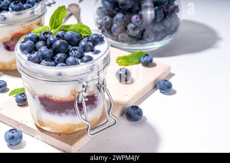Dessert superposé aux myrtilles, gâteau au fromage en verre avec biscuit à la vanille, yaourt crémeux, garniture à la confiture et myrtille fraîche Banque D'Images