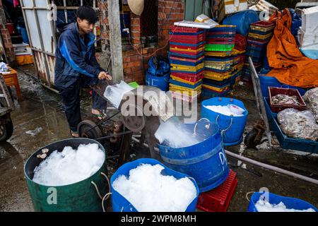 Ouvrier avec des blocs de glace au marché aux poissons de Hoi an Banque D'Images