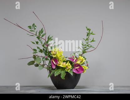 Arrangement floral asymétrique avec anthuriums magenta, orchidées cymbidium vert citron, feuillage et brindilles dans un récipient gris sur fond gris. Banque D'Images