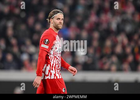 Freiburg Im Breisgau, Allemagne. 07 mars 2024. Football : Europa League, SC Freiburg - West Ham United, éliminatoires, 16e manche, Europa-Park Stadium. Lucas Höler de Fribourg réagit pendant le match. Crédit : Harry Langer/dpa/Alamy Live News Banque D'Images