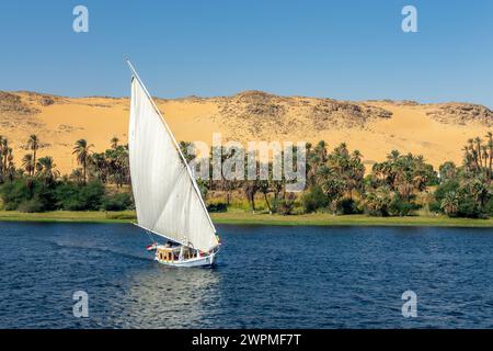 =bateau à voile égyptien traditionnel (felouque) sur le Nil, Egypte Banque D'Images