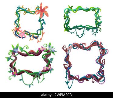 Cadres fabriqués à partir de liane de vigne avec des feuilles et des fleurs. Ensemble de vecteur de dessin animé de frontières de branches de plantes de la jungle. Arbre de forêt tropicale suspendu rampant veget Illustration de Vecteur