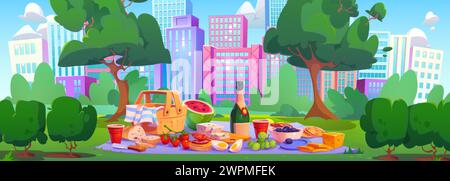 Pique-nique dans le parc municipal d'été. Illustration vectorielle de dessin animé de panier avec de la nourriture et des boissons, des fruits et légumes frais sur couverture, paysage urbain moderne avec SK Illustration de Vecteur