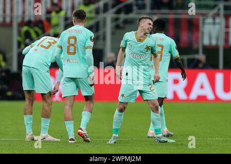 Milan, Italie, 07 mars 2024. Doudera célèbre lors du match entre Milan et Slavia Prague pour l'UEFA Europa League au stade Giuseppe Meazza, Mi Banque D'Images