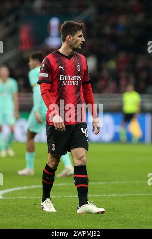 Milan, Italie, 07 mars 2024. Gabbia lors du match entre Milan et Slavia Prague pour l'UEFA Europa League au stade Giuseppe Meazza de Milan. Crédit Banque D'Images