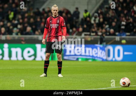 Milan, Italie, 07 mars 2024. Kjaer lors du match entre Milan et Slavia Prague pour l'UEFA Europa League au stade Giuseppe Meazza de Milan. Crédit : Banque D'Images