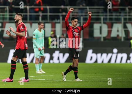 Milan, Italie, 07 mars 2024. Reijnders célèbre pendant le match entre Milan et Slavia Prague pour l'UEFA Europa League au stade Giuseppe Meazza, Banque D'Images