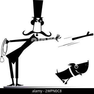 Dresseur de chiens. Homme jouant avec un chien. Cartoon long moustache gentleman dans le chapeau haut lance un bâton au chien heureux. Illustration en noir et blanc Illustration de Vecteur