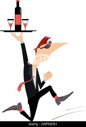Homme courant tenant un plateau avec une bouteille et deux verres. Dessin animé Running Man tient un plateau avec une bouteille et des gobelets à pieds. Isolé sur blanc Illustration de Vecteur
