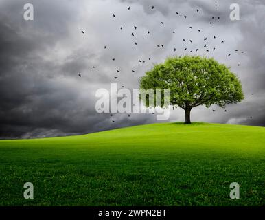 Arbre dans un paysage avec un ciel dramatique et des corbeaux montants [M] Banque D'Images