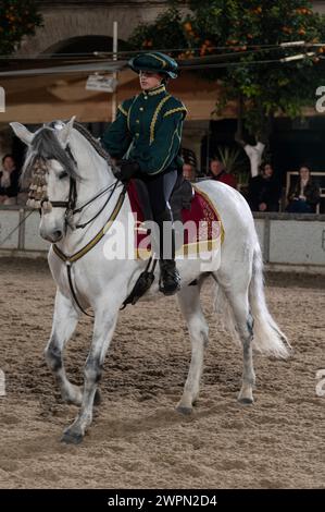 Las Caballerizas Reales de Cordoba (les écuries royales de Cordoue) Une cavalière vêtue d'un uniforme d'époque verte montre ses compétences en équitation avec Banque D'Images