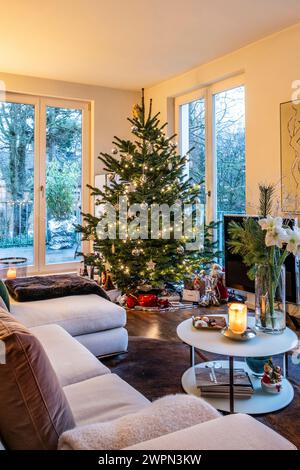 Appartement moderne avec arbre de Noël, Hambourg, Allemagne, Europe Banque D'Images