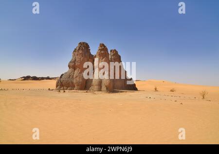 Sculpture rocheuse représentant la soi-disant vache qui pleure dans le désert algérien du Sahara Banque D'Images