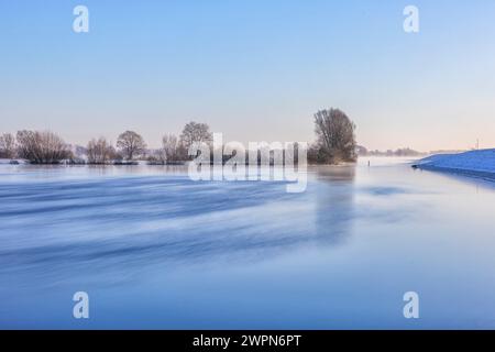 Crue hivernale de l'Elbe près de Garlstorf par un matin ensoleillé avec un ciel bleu Banque D'Images