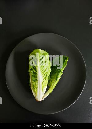 Coeur de laitue, petite laitue romaine, feuilles de laitue verte entières sur une assiette sur un fond sombre Banque D'Images