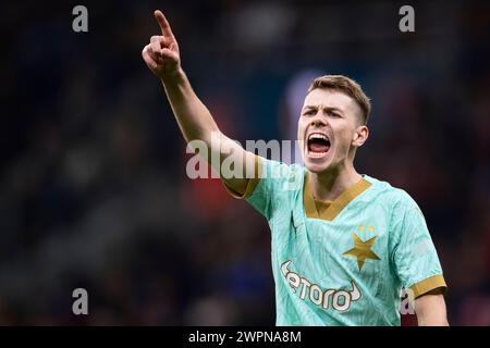 Milan, Italie. 7 mars 2024. David Doudera du SK Slavia Praha fait des gestes lors de la manche de l'UEFA Europa League du 16e match de football entre l'AC Milan et le SK Slavia Praha. Crédit : Nicolò Campo/Alamy Live News Banque D'Images