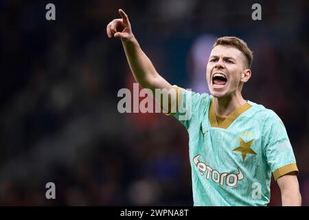 Milan, Italie. 7 mars 2024. David Doudera du SK Slavia Praha fait des gestes lors de la manche de l'UEFA Europa League du 16e match de football entre l'AC Milan et le SK Slavia Praha. Crédit : Nicolò Campo/Alamy Live News Banque D'Images