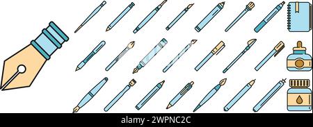 Les icônes des outils de calligraphie définissent le vecteur de contour. Kit de lettrage de pointe de peinture ligne de couleur isolée Illustration de Vecteur