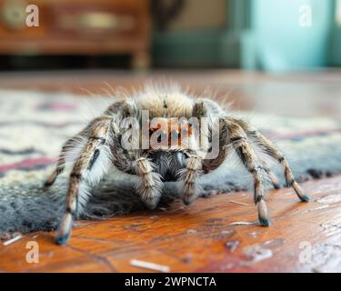 Une vue détaillée d'une araignée rampant sur un tapis. Banque D'Images