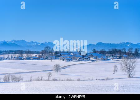 Allemagne, Bavière, Tölzer Land, Egling, district Ergertshausen, paysage hivernal contre les Alpes, vue près de Schönberg Banque D'Images