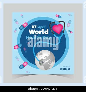 Journée mondiale de la santé publications instagram et modèle carré de médias sociaux journée mondiale, santé, médecine cardiaque, journée du cœur, journée médicale, illustration de la santé, lui Illustration de Vecteur