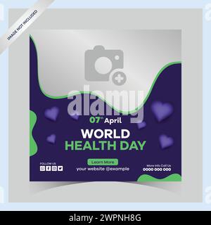 Journée mondiale de la santé publications instagram et modèle carré de médias sociaux journée mondiale, santé, médecine cardiaque, journée du cœur, journée médicale, illustration de la santé, lui Illustration de Vecteur