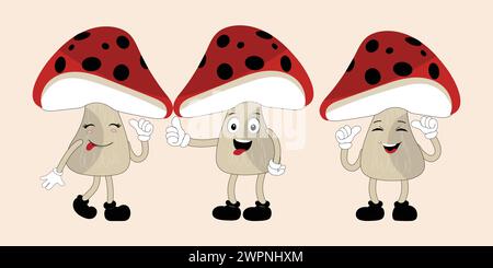 Conception de personnage de champignon expression différente dans le style vintage, illustration vectorielle de personnage de mascotte de dessin animé de champignon Kawaii. SPE 10 Illustration de Vecteur