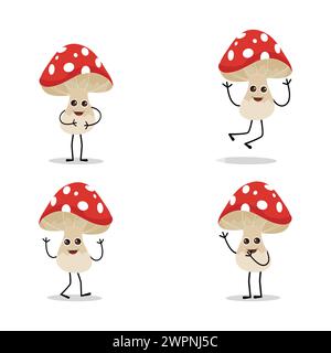 Conception de personnage de champignon expression différente dans le style vintage, illustration vectorielle de personnage de mascotte de dessin animé de champignon Kawaii. SPE 10 Illustration de Vecteur