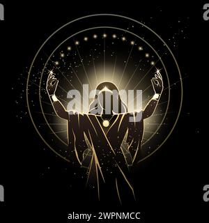 Prêtresse Fortune Teller fait Magic rituel à minuit isolé sur fond noir illustration vectorielle. Aucune IA n'a été utilisée. Illustration de Vecteur