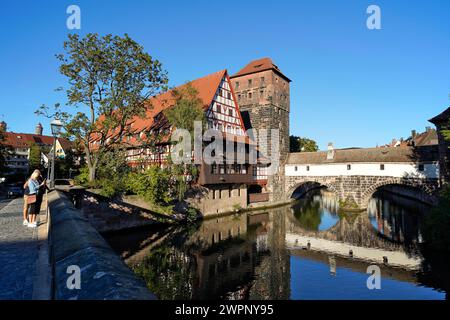 Allemagne, Bavière, moyenne Franconie, Nuremberg, Sebald Old Town, Pegnitz, Weinstadel, Château d'eau, Henkersteg Banque D'Images