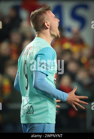 Malines, Belgique. 08 mars 2024. Matija Frigan de Westerlo réagit lors d'un match de football entre KV Mechelen et KVC Westerlo, vendredi 08 mars 2024 à Malines, le jour 29 de la saison 2023-2024 de la première division du championnat belge 'Jupiler Pro League'. BELGA PHOTO VIRGINIE LEFOUR crédit : Belga News Agency/Alamy Live News Banque D'Images