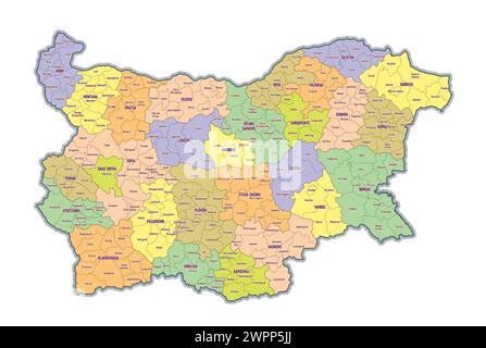 Carte administrative de Bulgarie montrant les régions provinces Illustration de Vecteur