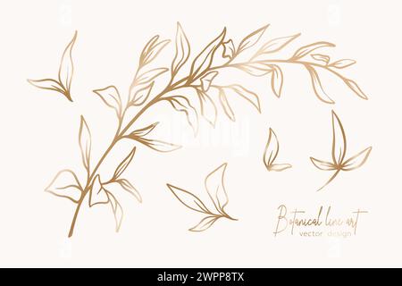 Botanical élégante ligne d'or illustration de branche de feuilles de fleurs pour invitation et cartes de mariage, conception de logo, web, médias sociaux et affiche, temp Illustration de Vecteur