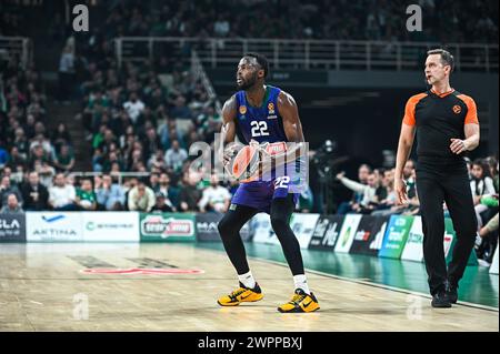 Athènes, Grèce. 08 mars 2024. 22 Jerian Grant du Panathinaikos Athènes joue lors de l'Euroleague, Round 28, match entre le Panathinaikos Athènes et le LDLC ASVEL Villeurbanne à Oaka Altion Arena le 8 mars 2024, à Athènes, en Grèce. Crédit : Agence photo indépendante/Alamy Live News Banque D'Images